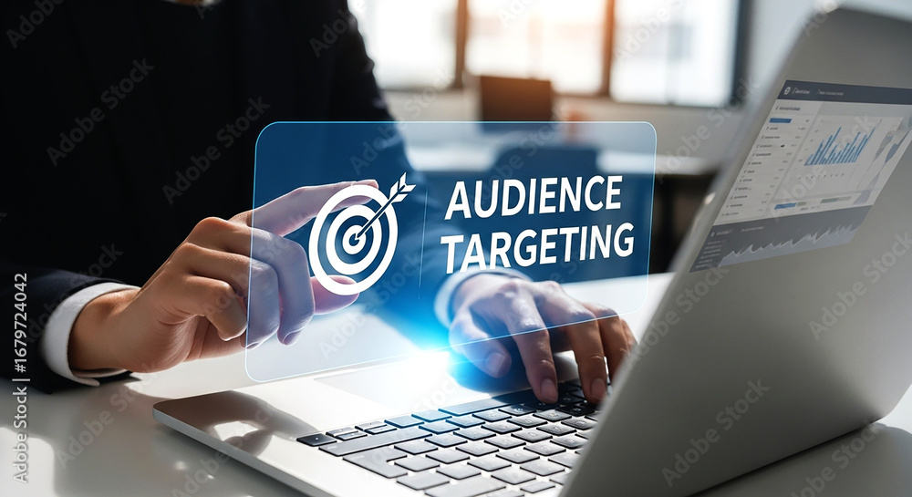 Poster person using laptop with audience targeting interface displayed on screen in office setting