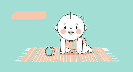 Cute illustration of a crawling baby with a ball on a mat against a pastel background