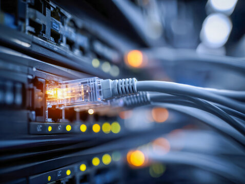 Close-up of network cables plugged into a switch with glowing status lights representing data communication and connectivity in a server room environment - Powered by Adobe