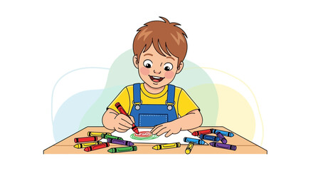 Creative Child Coloring Smiling While Drawing With Colorful Crayons At The Table
