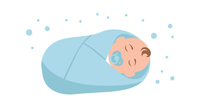 Cute illustration of a newborn baby wrapped in a blue blanket with a pacifier