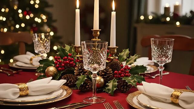 Elegant Christmas table setting with candles and festive decorations