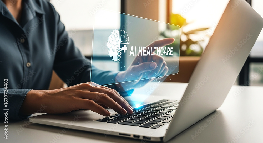 Aufkleber person using laptop with ai healthcare interface displayed on screen and hand touching interface