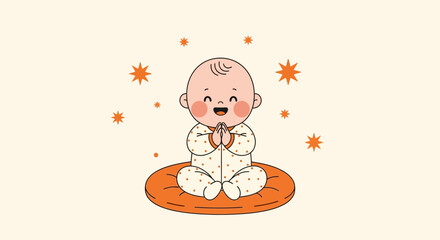Cute Infant Meditating With Hands Clasped in Gratitude and Celestial Embellishments