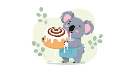 Cute koala bear with cinnamon roll with icing or frosting, food and pastry art and illustration