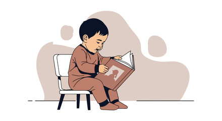 Cute little baby reading a book while sitting on a chair, education study concept