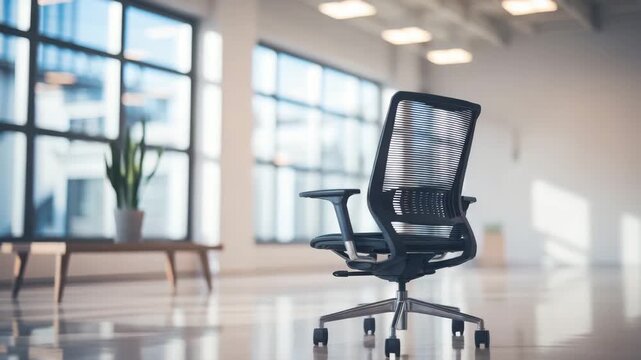 Modern office chair in a bright and spacious interior with natural light shining through windows