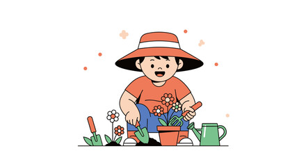 Cute little gardener cartoon character planting flowers with tools in the garden scene