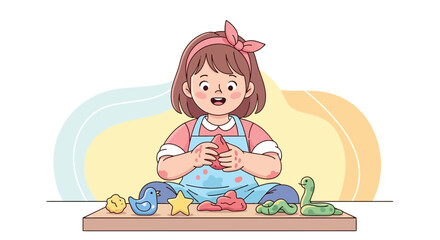 Cute Little Girl Having Fun Playing With Colorful Clay Toys, Happy Childhood