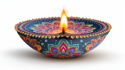 Illustration of Diwali diya lamp with colorful mandala rangoli patterns on white background