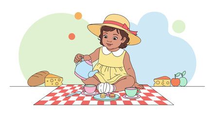 Cute little girl having a picnic and pouring tea from blue teapot illustration