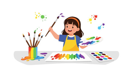 Cute little girl painting artwork with colorful brushes and paints on white background