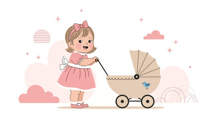 Cute little girl pushing a baby stroller in a sweet and innocent illustration