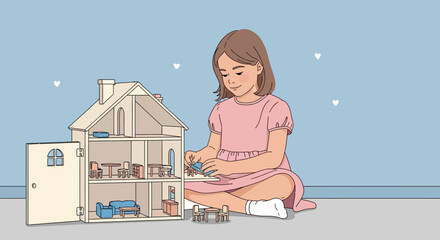 Cute little girl playing with dollhouse, childhood, home and happiness concept