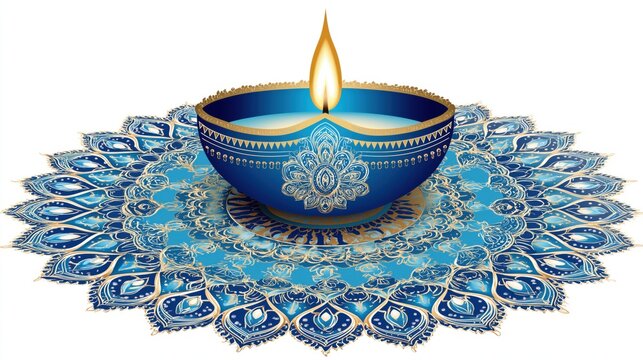 Illustration of Diwali diya lamp with colorful mandala rangoli patterns on white background