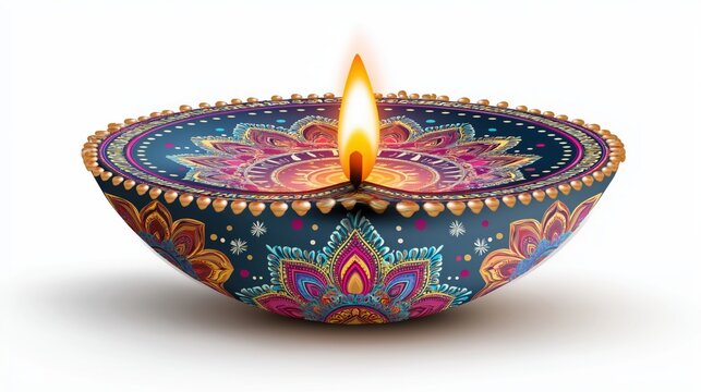 Illustration of Diwali diya lamp with colorful mandala rangoli patterns on white background