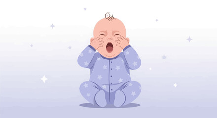 Cute sleepy baby in pajamas yawning widely with stars in the background illustration