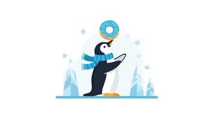 Cute penguin wearing a scarf balancing a donut on its beak in a winter scene