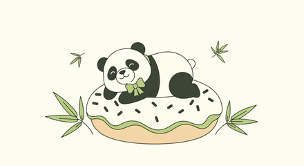 Cute panda bear relaxing on a donut with green bow and sprinkles and bamboo design