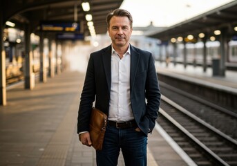 Mature businessman waiting for a train, standing on a platform with a briefcase.
