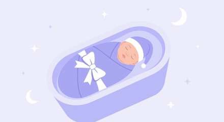 Cute sleeping baby in a purple bassinet with a bow illustration