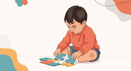 Cute Toddler Assembling Jigsaw Pieces Illustrating Early Childhood Development And Learning