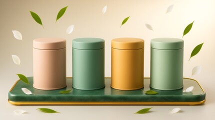 A visually appealing still life featuring four pastel-colored metal tea tins (pink, green, and mustard yellow) arranged on a rectangular green tray.