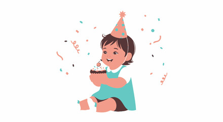 Cute Toddler Celebrating Birthday Holding Cupcake With Party Hat And Confetti