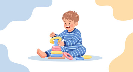 Cute toddler happily playing with a colorful stacking rings toy on a white background
