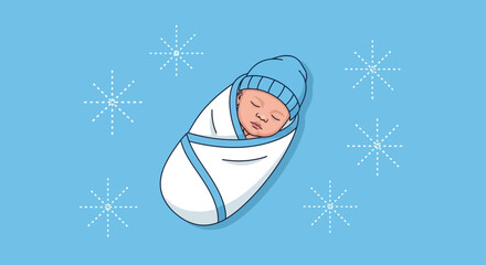 Cute Swaddled Baby Sleeping with Snowflakes, Newborn Baby Illustration and Background