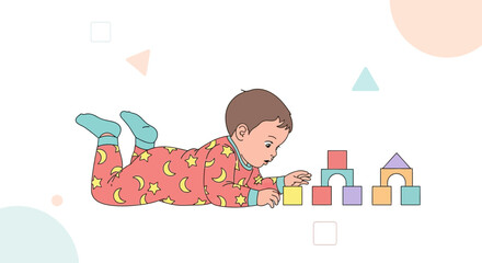 Cute Toddler Playing with Blocks and Building a Tower on the Floor