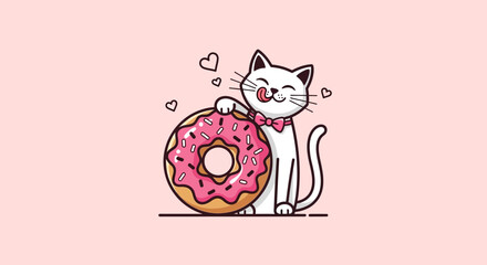 Cute white cat enjoying a delicious pink donut with hearts on a pastel pink background