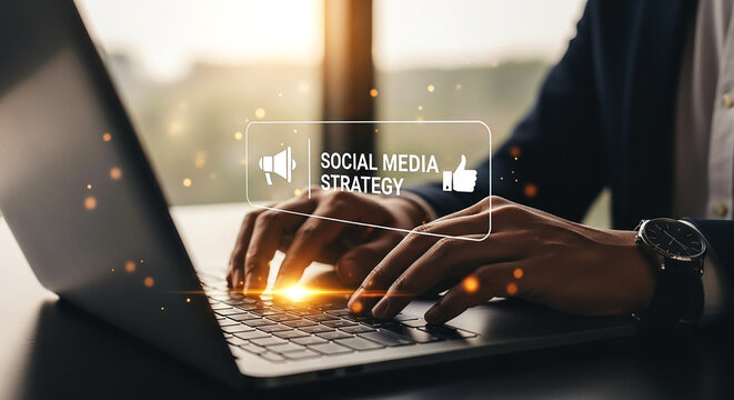 Person typing on laptop with social media strategy graphic overlay and watch on wrist visible