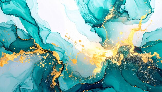 Elegant abstract background with flowing teal alcohol ink and sparkling gold glitter veins on a white canvas.