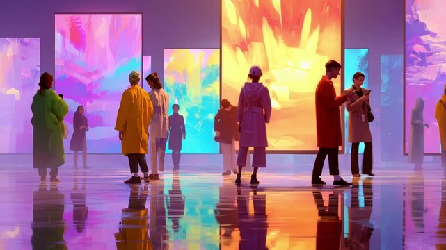 Art enthusiasts explore a contemporary gallery filled with dazzling installations. The atmosphere buzzes with inspiration as reflections shimmer on the polished floor.