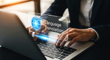 Person typing on laptop with language translation hologram interface overlaying the keyboard area