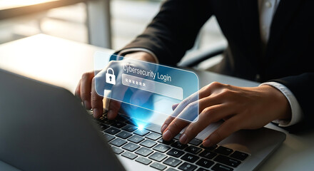Person typing password for cybersecurity login on laptop with lock icon overlayed on screen view