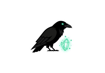 Raven and Glowing Crystal: A Mystical Encounter.