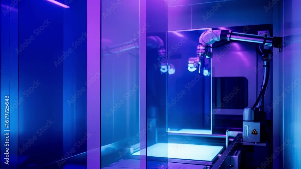 Poster electrochromic smartglass panels inside a coating chamber illuminated under uv light as part of curi