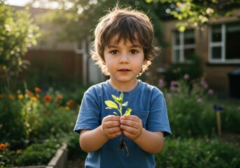 A young boy gazes with wonder, holding a newly sprouted plant in his hands.