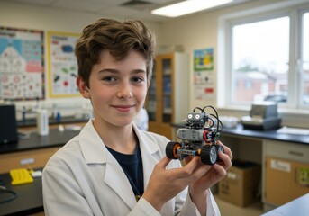 Fototapeta premium A young boy proudly displays a robot in a lab coat within a science classroom environment.