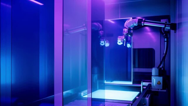 Electrochromic smartglass panels inside a coating chamber illuminated under UV light as part of curing process in modern glazing technology.