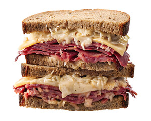 Stacked corned beef sandwich with cheese and sauerkraut isolated on a transparent background