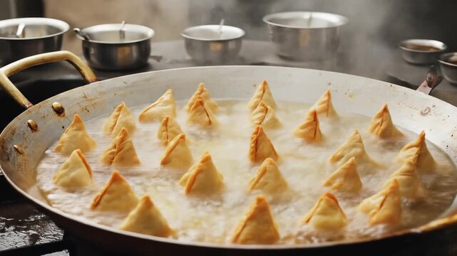 Crispy samosas frying in hot oil in a busy kitchen, with steam rising and cooking utensils in background