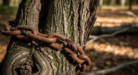 Rusty chain wrapped around tree trunk in autumn forest