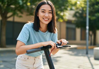 Happy young woman with an electric scooter on a sunny day.