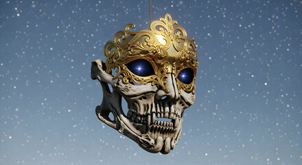 Striking skull adorned with ornate golden mask, featuring starry blue eyes against a bokeh sky