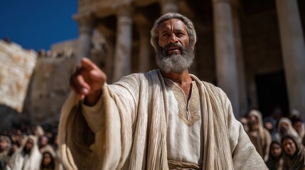 Prophet Jeremiah stands boldly in the temple, arm raised with fiery conviction, confronting defiant priests as shocked worshippers look on, embodying truth, courage, and divine warning.