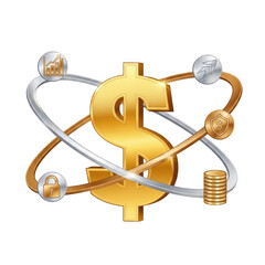 Golden dollar symbol orbiting with financial assets representing global wealth and investment networks