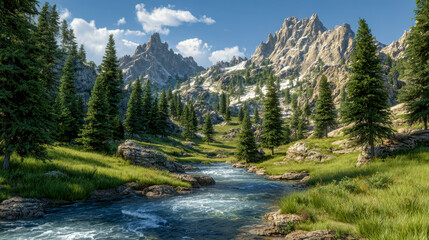 Serene mountain landscape with a flowing river, lush greenery, and rugged peaks under a bright blue sky